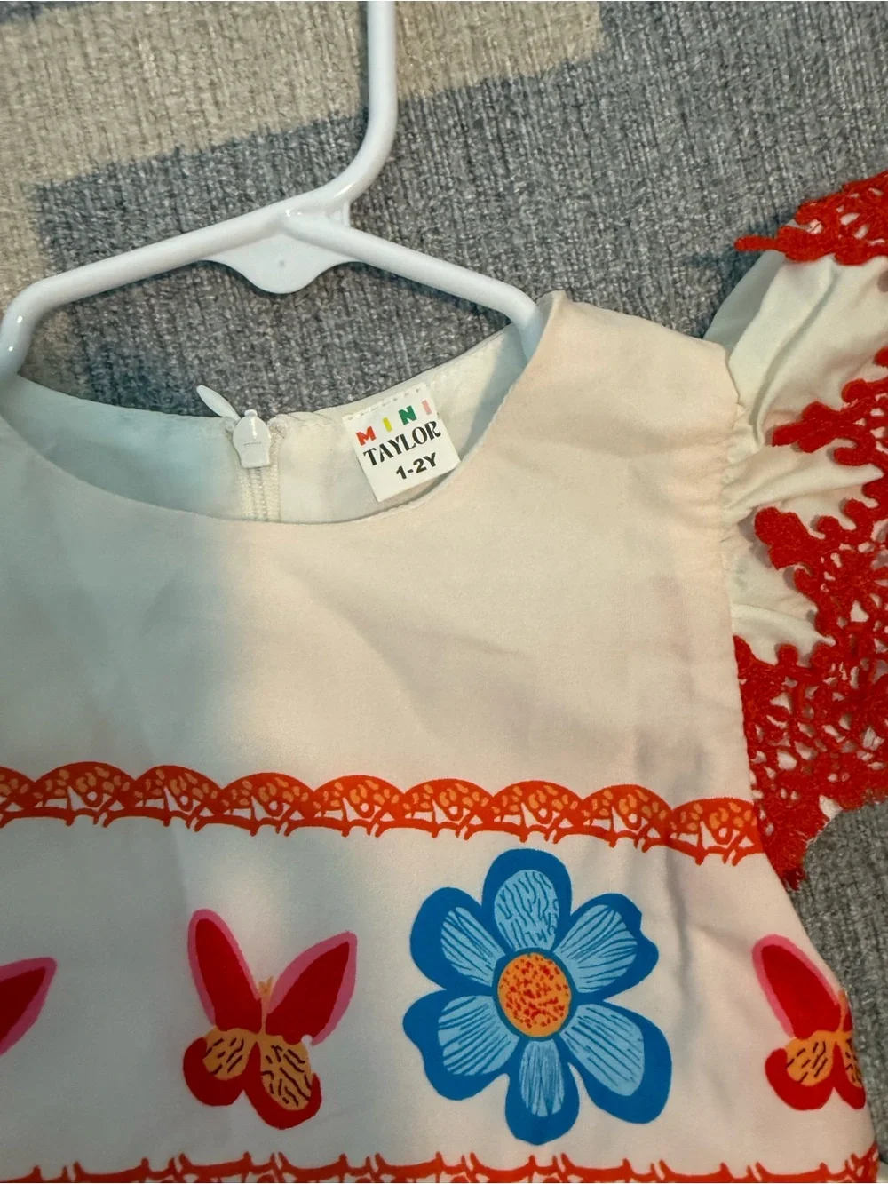Girls Cream Butterfly & Floral Dress with Orange Trim